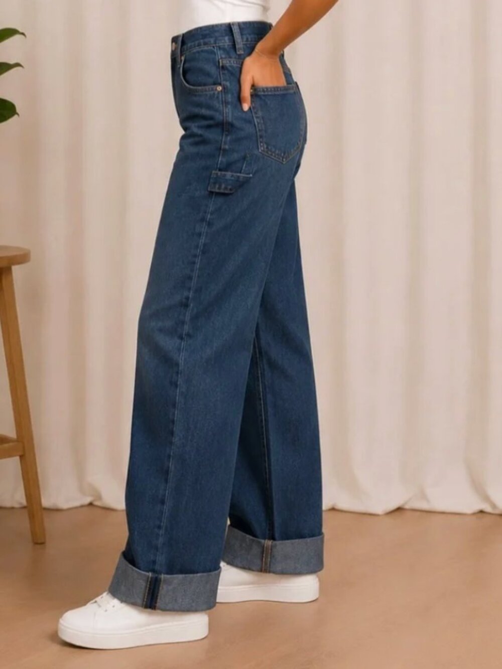 Zara The Turned Up Jeans Size 6 Relaxed Fit Straight Leg Oversized Cuffs
